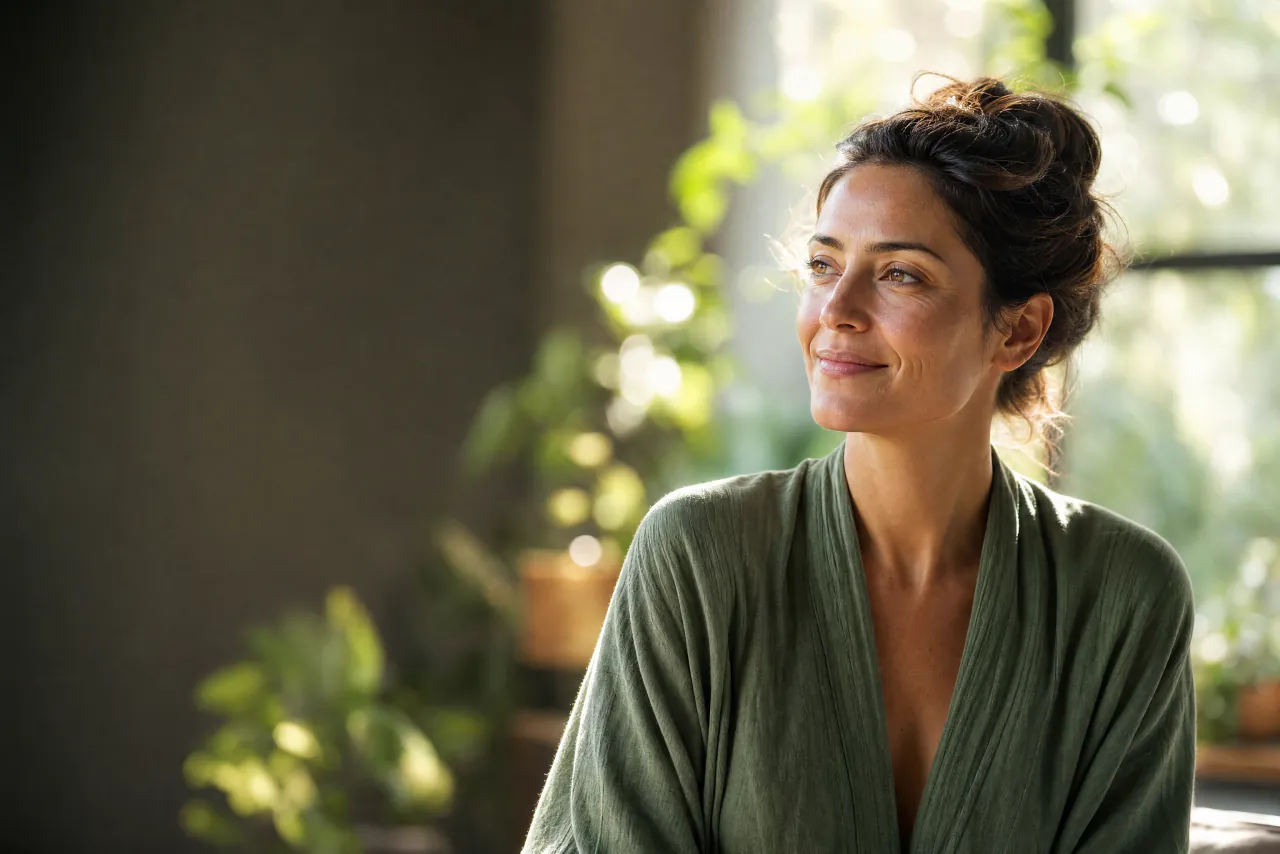 A woman in a calm, plant-filled room, looking toward the morning light